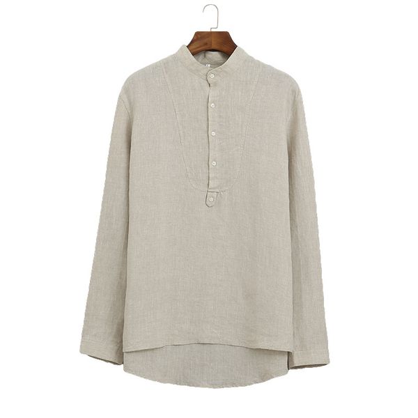 

2020 men's long sleeve casual shirts stand collar summer fashion white pullover shirt man 100%linen y2352, White;black