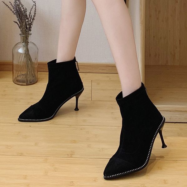 

flock stiletto high heels winter boots women fashion leisure outdoor pointed toe zipper boots women winter 2019 botas mujer, Black