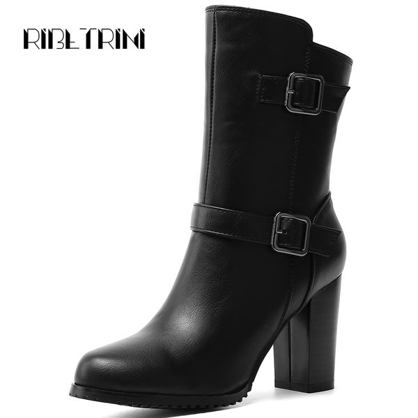 

ribetrini fashion women boots square high heels round toe platform double buckle zipper mid calf work motorcycle boots big size, Black