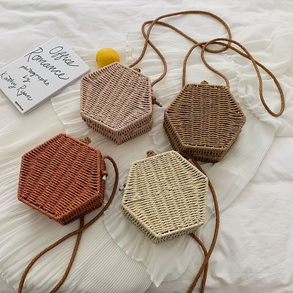 

2019 new arrival women shoulder bag fashion retro woven handbags girls hexagon solid color handbag woven bags beach pouch