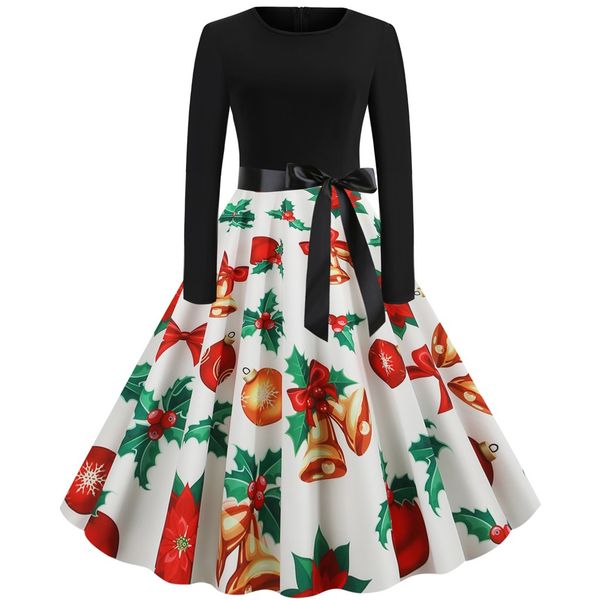 

vintage dress women long sleeve print christmas dress round neck elegant with bow zipper hepburn party vestidos#g1, Black;gray