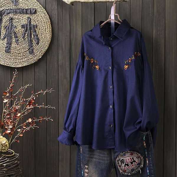 

fashion zanzea women floral embroidery blouse spring lapel neck long sleeve denim blue shirts buttons blusas chemise casual, White