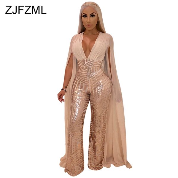 

sparkly sequins overalls for women x-long cloak sleeve v neck wide leg jumpsuit elegant see through plus size party romper, Black;white