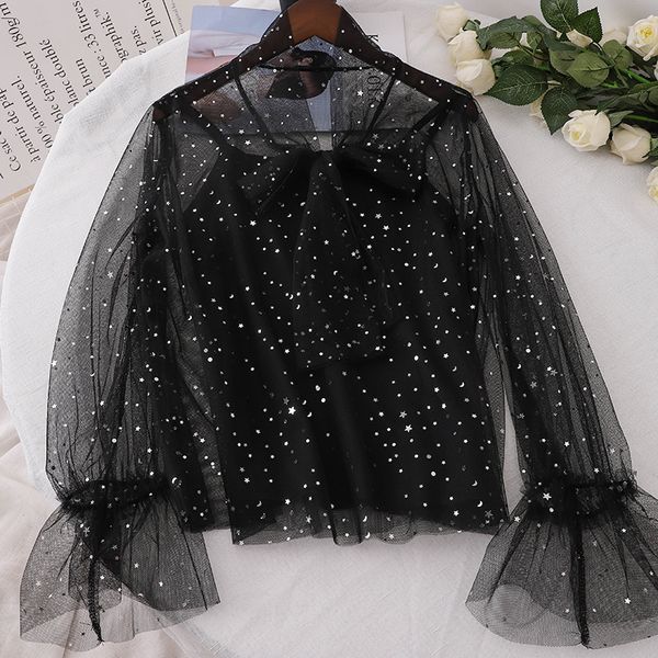 

2pcs women summer flare sleeve sequined star pullover lace voile basic bow shirt casual lace up bandage mesh gauze blouse tops, White