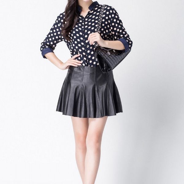 

euro women pleated mini shorts skirts sheepskin genuine leather office lady slim fit skirt female night club party faldas, Black