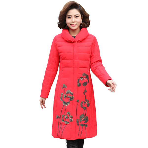 

winter new women down coats female white duck down jacket ladies elegant print stand collar warm outwear long overcoat plus size, Black