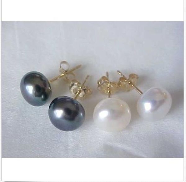 

2 pairs huge 13-12mm tahitian white black pearl earring 14k stud wholesale peice, Golden;silver