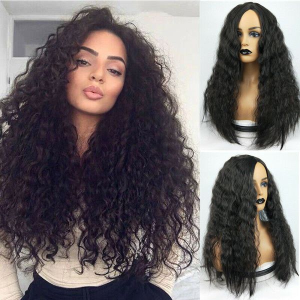 Ladies Black Natural Long Kinky Curly Hair Wigs Women Afro Fluffy