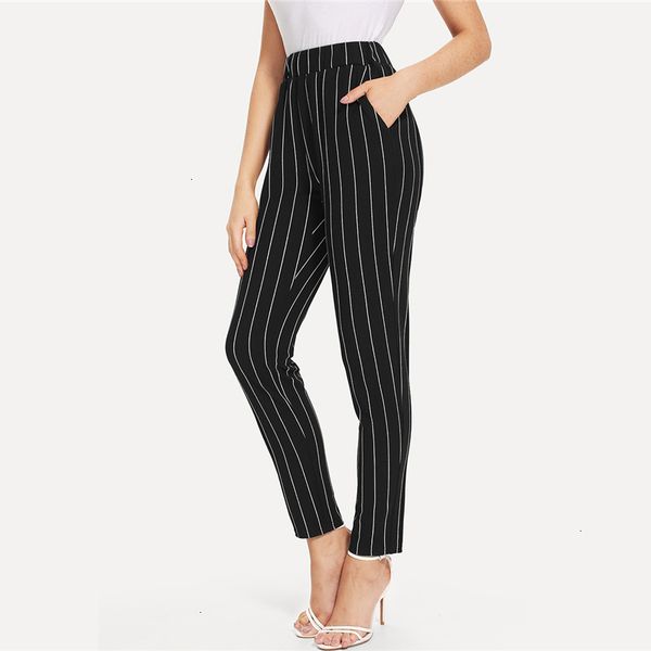 

elastic waist pinstripe cigarette pants black mid waist tapered carrot trousers women summer office ladies pants, Black;white