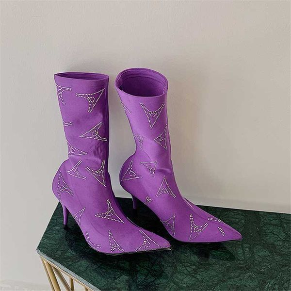 

brand shoes woman 2020 pointed toe ladies runway boots black purple high heels botas mujer crystals designer ankle botines
