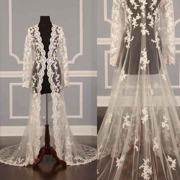 

2019 new design lace bridal jackets coat for wedding dress long sleeve see through lace floor length bride capes wraps custom size plus, White