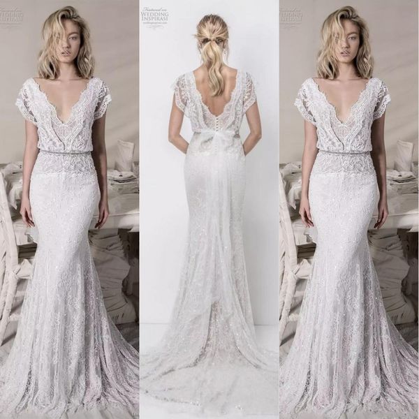 

boho lace sheath wedding dresses mermaid lihi hod lace bridal gowns sequined v neck bohemian beach bridal dresses low back vestidos de novia, White