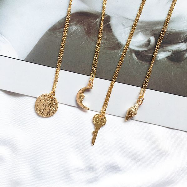 

2019 korean style women personality generous alloy necklace long chain irregular crescent key high-grade gift neck accessories, Silver