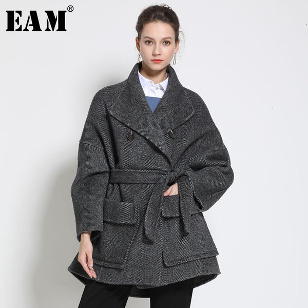 

eam] loose fit bandage split joint temperament woolen coat parkas new long sleeve women fashion tide autumn winter 2019 1h2140, Black