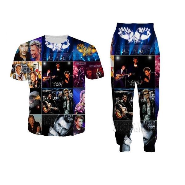 

new fashion women/mens johnny hallyday frace elvis presley funny 3d print t-shirt/jogger pants/casusal tracksuit sets4, White;black