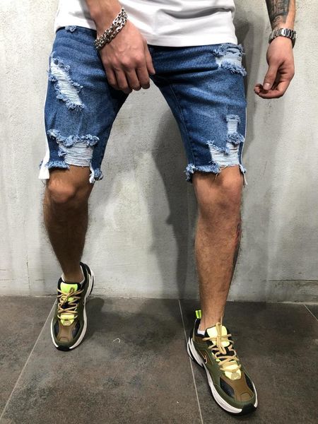 

ropa deportiva hombre denim shorts mens white side striped jeans men hole short jean homme slim fit men shorts jeans masculino, Blue