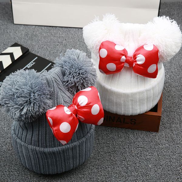 

cute dot cartoon big bow baby girl cap hat kids knit cotton beanie autumn winter warm girls double pompom hats, Yellow