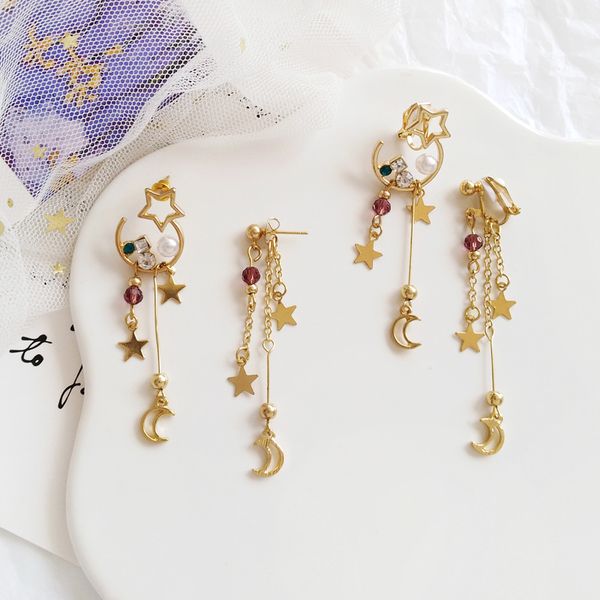 

gold color sailor moon stars long tassel clip on earrings non pierced for women girls moon stars no ears hole earriings, Silver