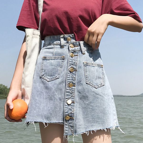 

streetwear 2020 irregular single breasted high waist denim skirts women saia faldas pockets blue jeans skirt for female new, Black