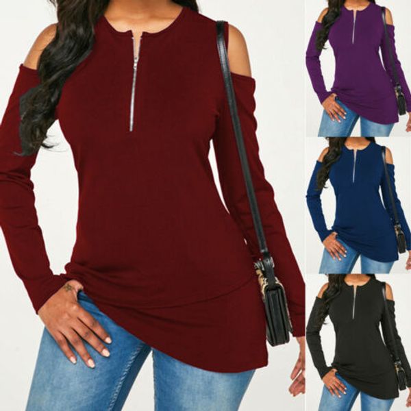

women long sleeve cut out cold shoulder ladies casual t shirt new fashion women clothes t-shirt plus size, White
