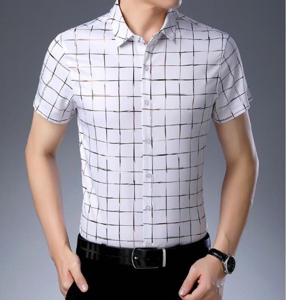 

plus size mens designer polo slim solid color plaid shirt casual short sleeves male clothing, White;black