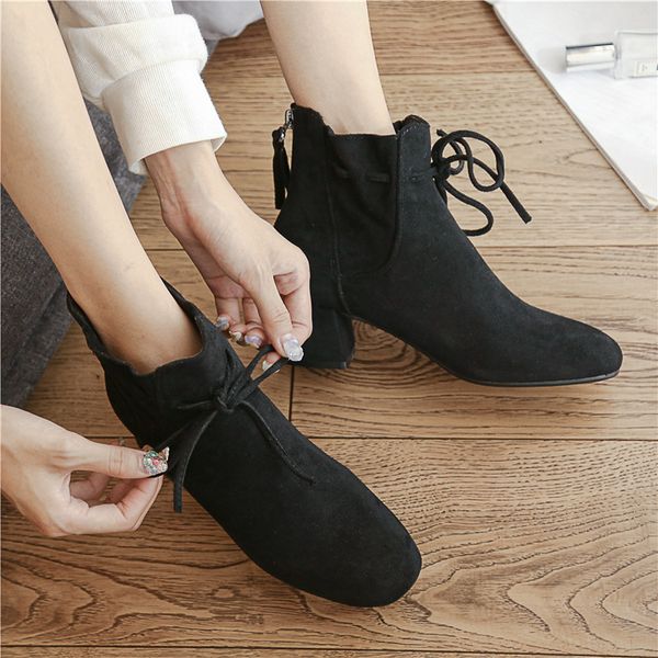

lady boots round toe shoes low heels booties winter women bootee woman 2019 lace up ladies med black mid-calf autumn mid calf