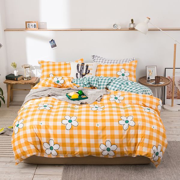 

orange plaid flower dance blue 3/4/5pcs bedding set duvet cover flat bed sheet pillowcase family 2 covers full single bed set