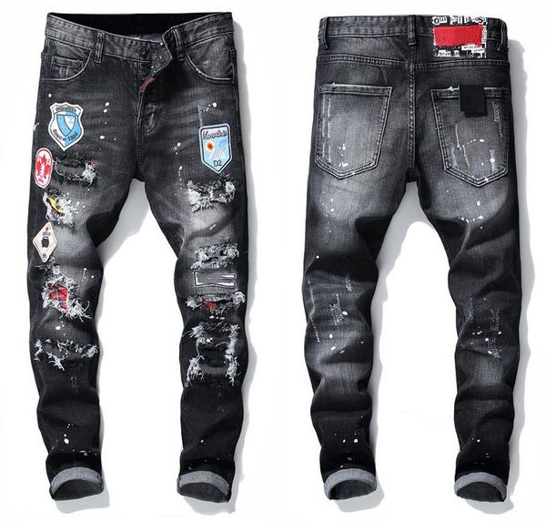 

mens denim jeans badge rips stretch black jeans fashion biker slim fit washed motocycle denim pants panelled hip trousers, Blue