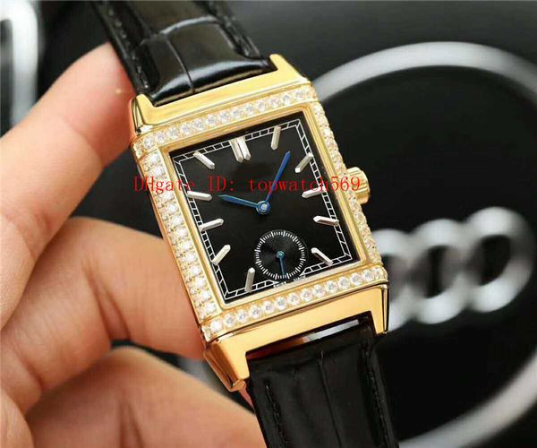 

new reverso watch rectangular mens watch swiss automatic 28800 vph diamond bezel 18k gold case sapphire super water resistant leather strap, Slivery;brown