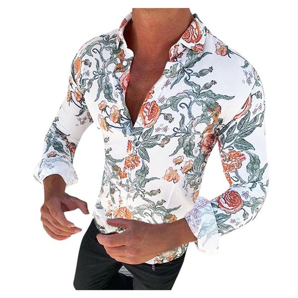 

mens floral lapel neck shirt fashion slim fit long sleeve shirt male 2020 casual top, White;black