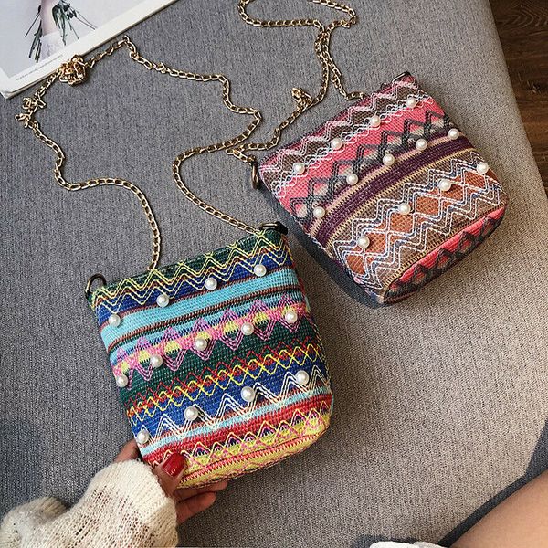 

2019 vintage women bag straw rattan crossbody pearl bags beach handbag clutch satchel retro vintage striped bag