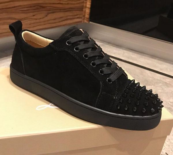 

with box dust bag brand suede with spikes sneakers men women leisure flats fashion lowred bottom shoes party dress, Black