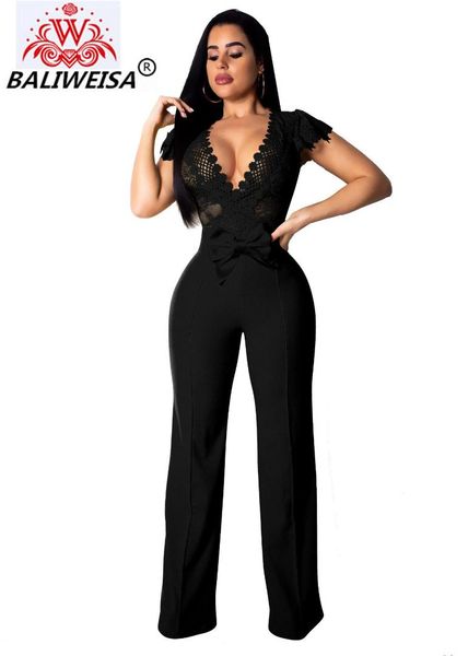 

women summer lace crochet bow loose jumpsuits wrap v neck cap sleeve mesh romper wide leg pants casual overall clubwear, Black;white
