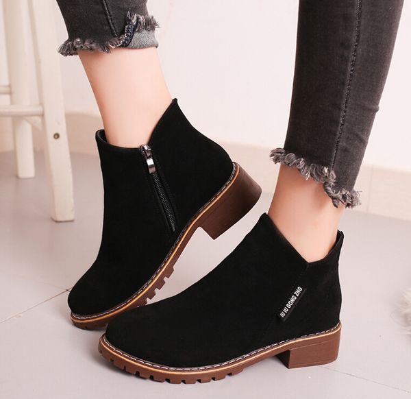 

short boots women's single boots europe and the united states 2019 autumn and winter new students low with square martin boots frosted, Black