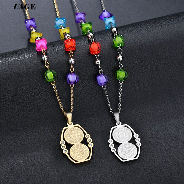 

uage round saint benedict medal antique rosary necklaces cross pendant for women religious stainless steel jewelry mother gifts, Silver