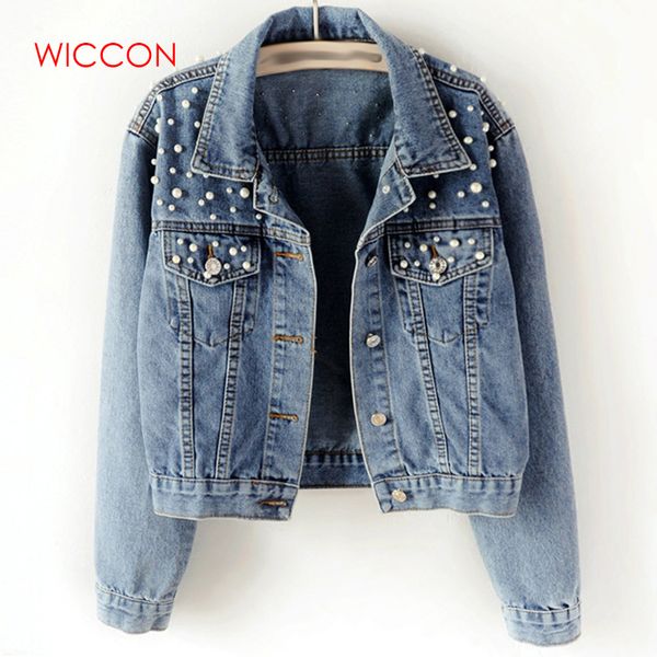 

2019 spring pearl beading crop denim jackets women 5xl casual jeans bomber jacket long sleeve denim coat korean plus size, Black;brown