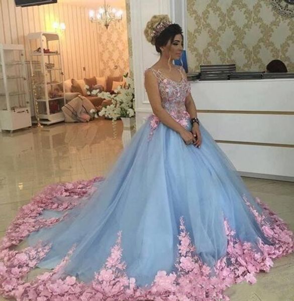 

2020 light sky blue quinceanera ball gown dresses v neck pink floral flowers lace tulle backless sweet 16 plus size prom evening gowns, Blue;red
