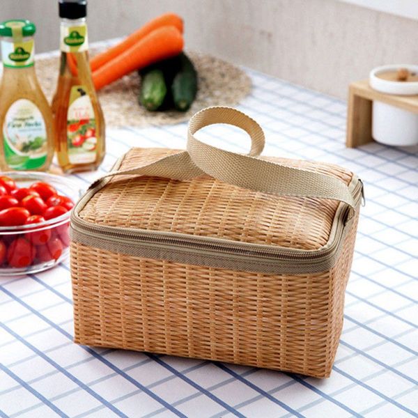 

iskybob 1pcs new thermal insulated lunch box portable insulated thermal cooler lunch box canvas imitation rattan bag, Blue;pink