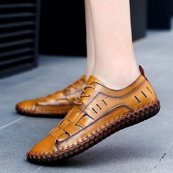 

sandles mens summer sandals genuine leather classic roman outdoor handmade shoes dress platform sandalia masculina big size 47, Black