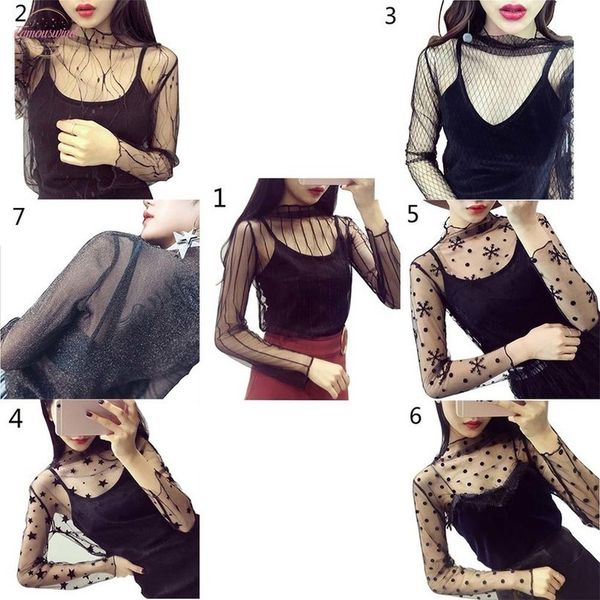 

мода весна осень женщины sexy mesh футболка с длинным рукавом высоким горлом tops перспективными дамы девушек вскользь тенниски aic88, White