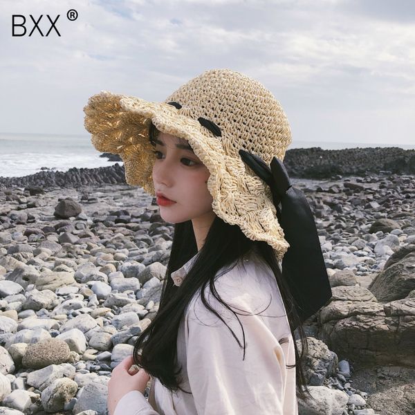 

bxx] 2020 new summer round dome grass weaving bandage bow hollow out temperament beach hat women fashion all-match hat 10a054, Blue;gray