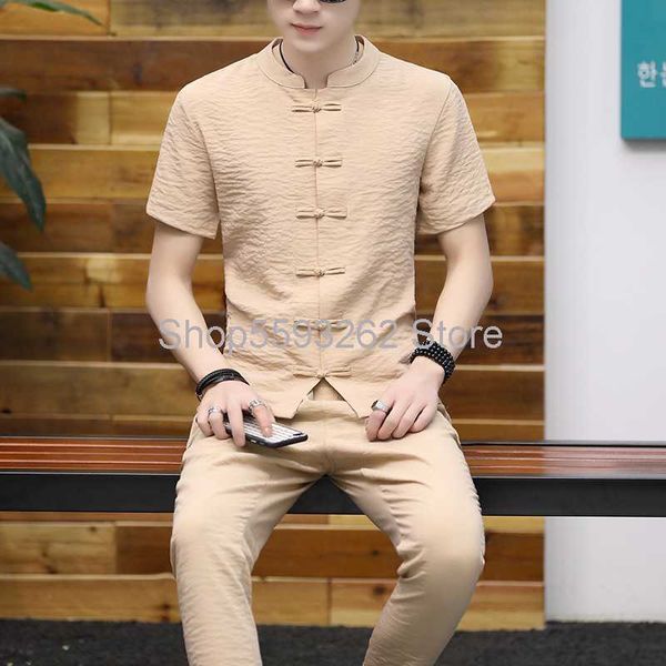 

chinese style men's short sleeve imitation cotton and linen suit summer buckle shirt ankle-length pants imitation linen casual, White;black