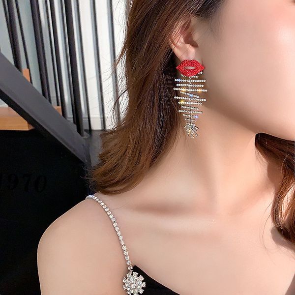 

fyuan fashion red mouth rhinestone drop earrings for women 2020 bijoux shiny fishbone crystal dangle earrings jewelry gifts, Silver