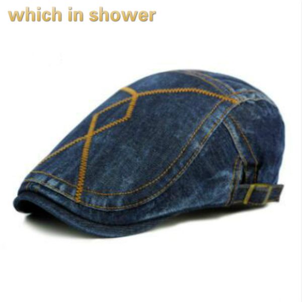 

which in shower denim beret for women men solid color male female flat cap adjustable spring summer jean cap outdoor sun hat, Blue;gray