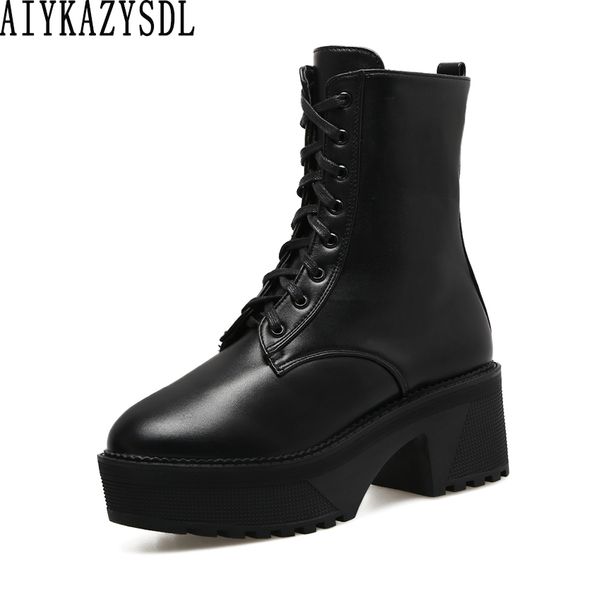 

aiykazysdl 2018 women ankle boots cross strap lace up knight boots platform shoes block thick high heels bootie preppy style, Black