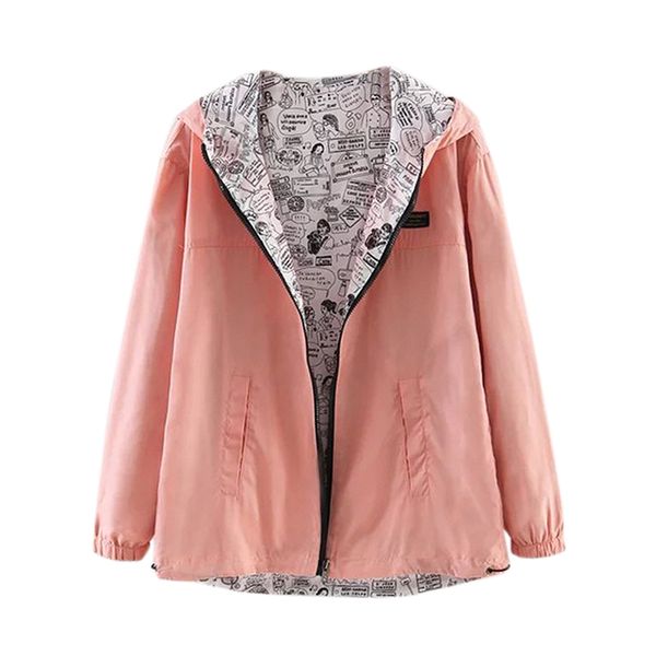 

women's jacket coat long sleeve hooded windbreaker outwear female two side wear loose coat pink, Black;brown