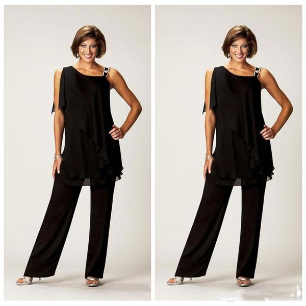 

2019 Elegant Two Pieces Chiffon Mother of the Bride Pant Suits For Wedding One Shoulder Tiered Pants Suit Plus Size Formal Ladies Wear