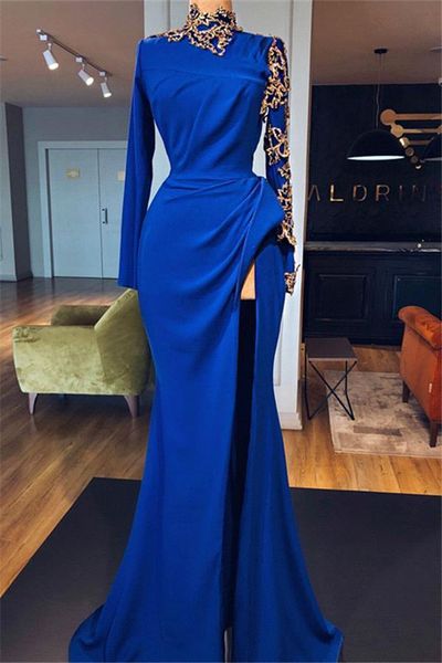 

2019 royal blue evening prom dresses high neck formal party gown mermiad high slit gold appliqued pageant dress custom made, Black;red