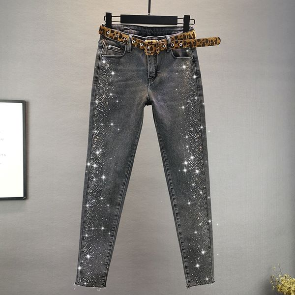 

women's 2020 spring new stretch slim slimming rhinestone feet pants, Blue