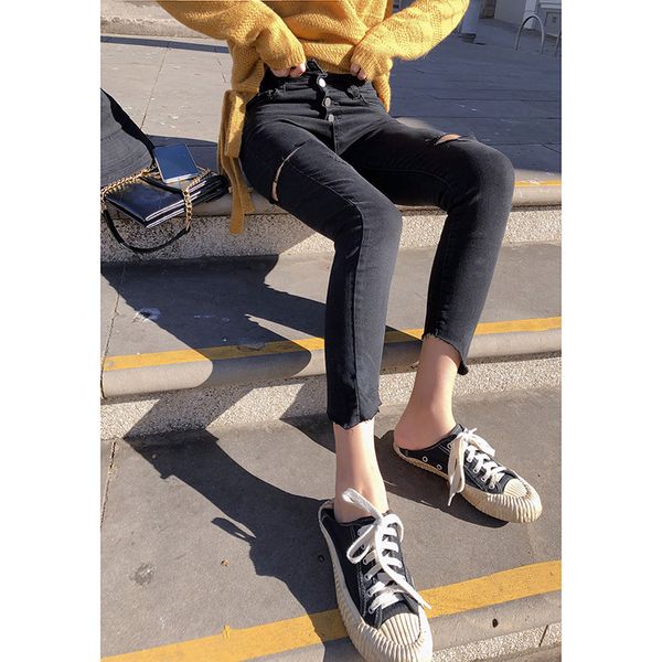 

mishow autumn winter 2020 women's hole long jeans fashion casual high waist skinny jeans women pencil black pants mx19c2368, Black;white